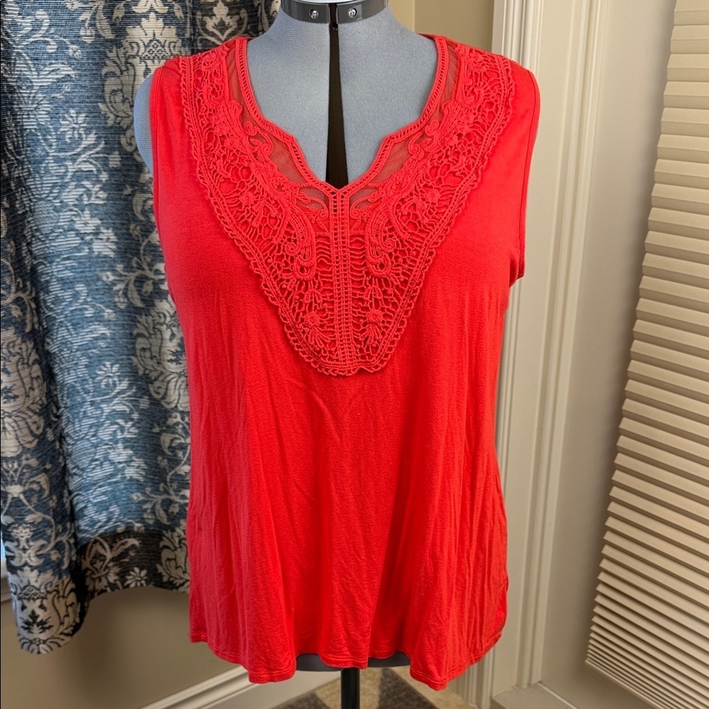 Dalia Bright Coral Red Crochet Lace V-Neck Sleeveless Blouse Top Women's Size XL